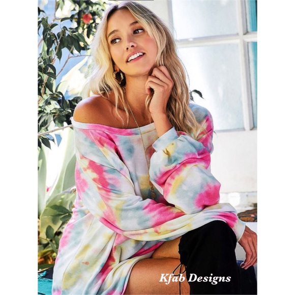 💖LAST 1 Pink French Terry Tie Dye Puff Sleeve Top - Picture 4 of 9